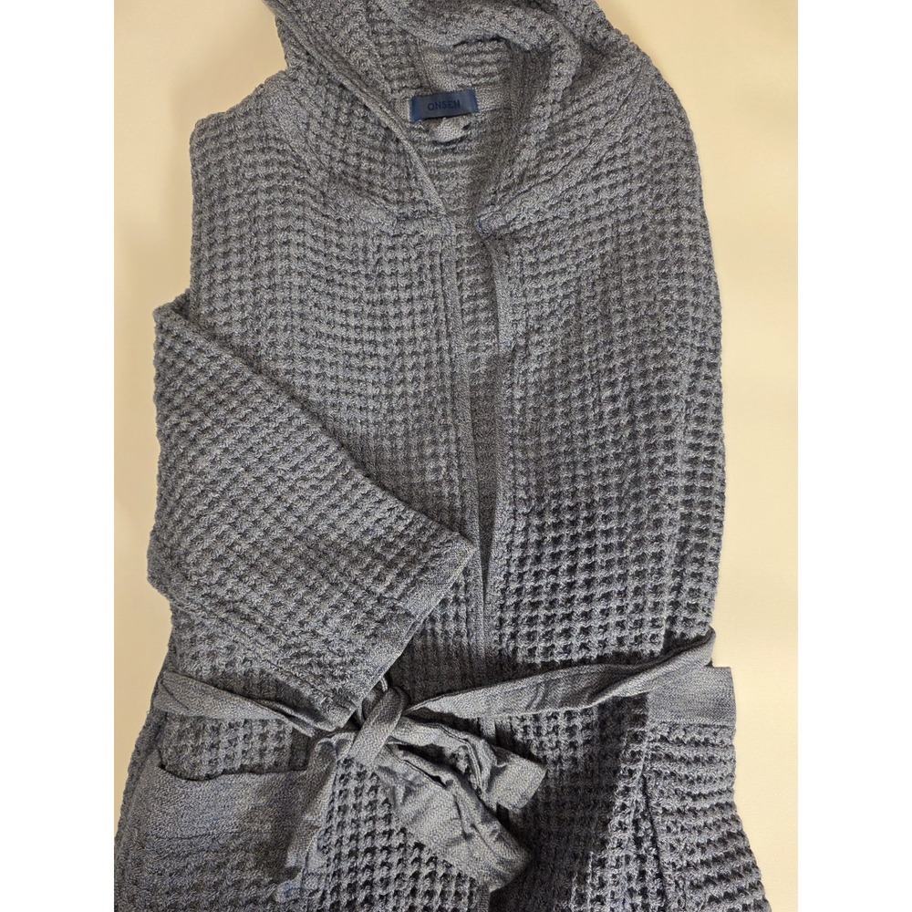 Onsen Waffle Weave Supima Cotton Hooded Spa Robe Blue Medium Luxury Bathrobe